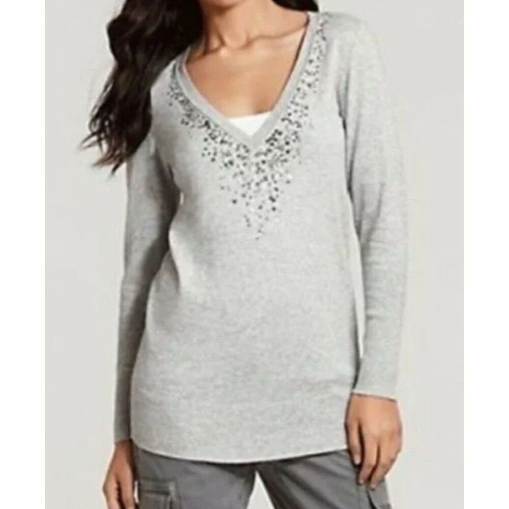 Eileen Fisher Sweater Size Large Sequin V-Neck Organic Cotton Cashmere Gray